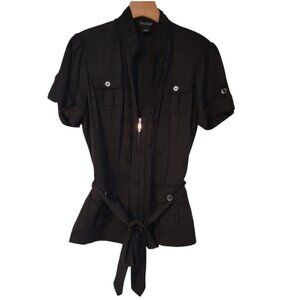 White House Black Market Linen Rayon Roll Tab Short Sleeve Zip Jacket Size 6 EUC